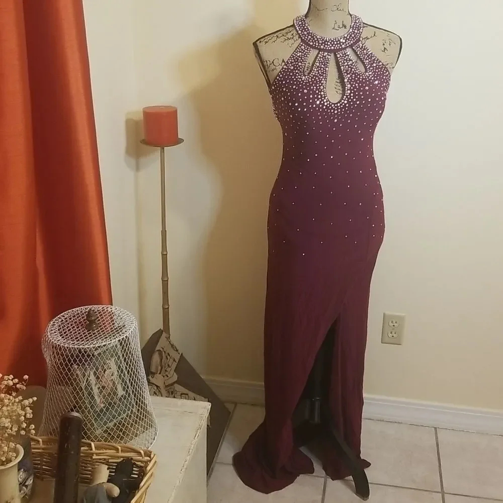 Morgan & Co. Burgundy Embellished Halter Maxi Dress | Low Back | Size 1/2 - Picture 2 of 10